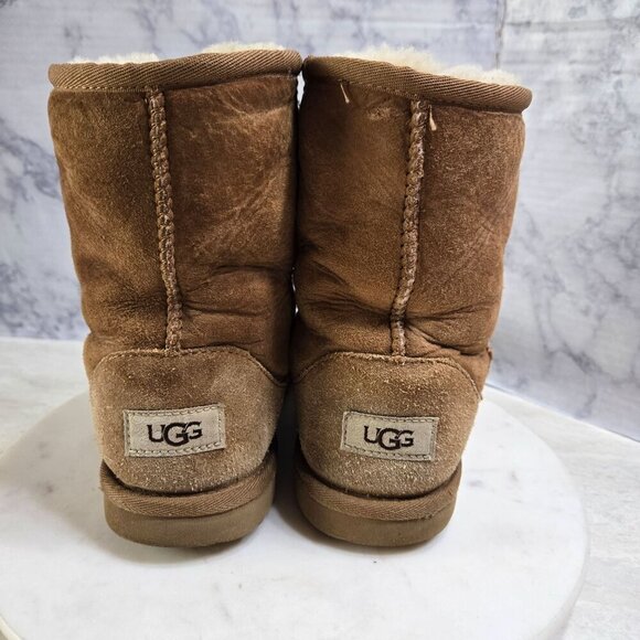 UGG Classic Short Boots Womens Size 5 Tan Suede Sheepskin Sherpa lined Warm - Picture 3 of 12